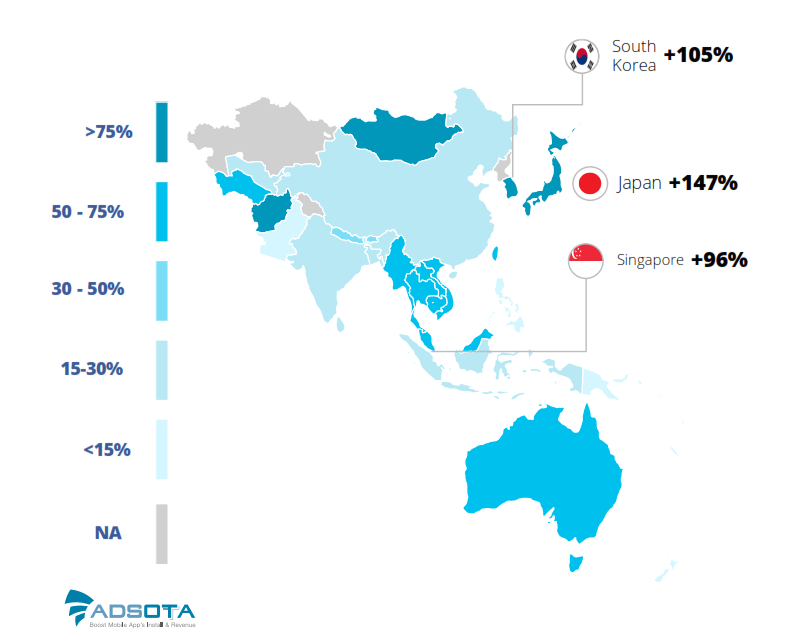 Tỉ lệ tăng trưởng In-app Ads Request (Mức độ yêu cầu quảng cáo hiển thị trong ứng dụng) - Khu vực Châu Á - Thái Bình Dương (2016-2017)